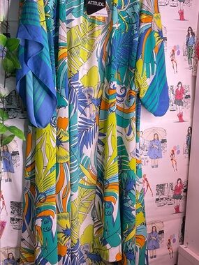 Attitudes by Renee Tropical Leaf Print Open Front Kimono - Teal, Yellow, Pink
